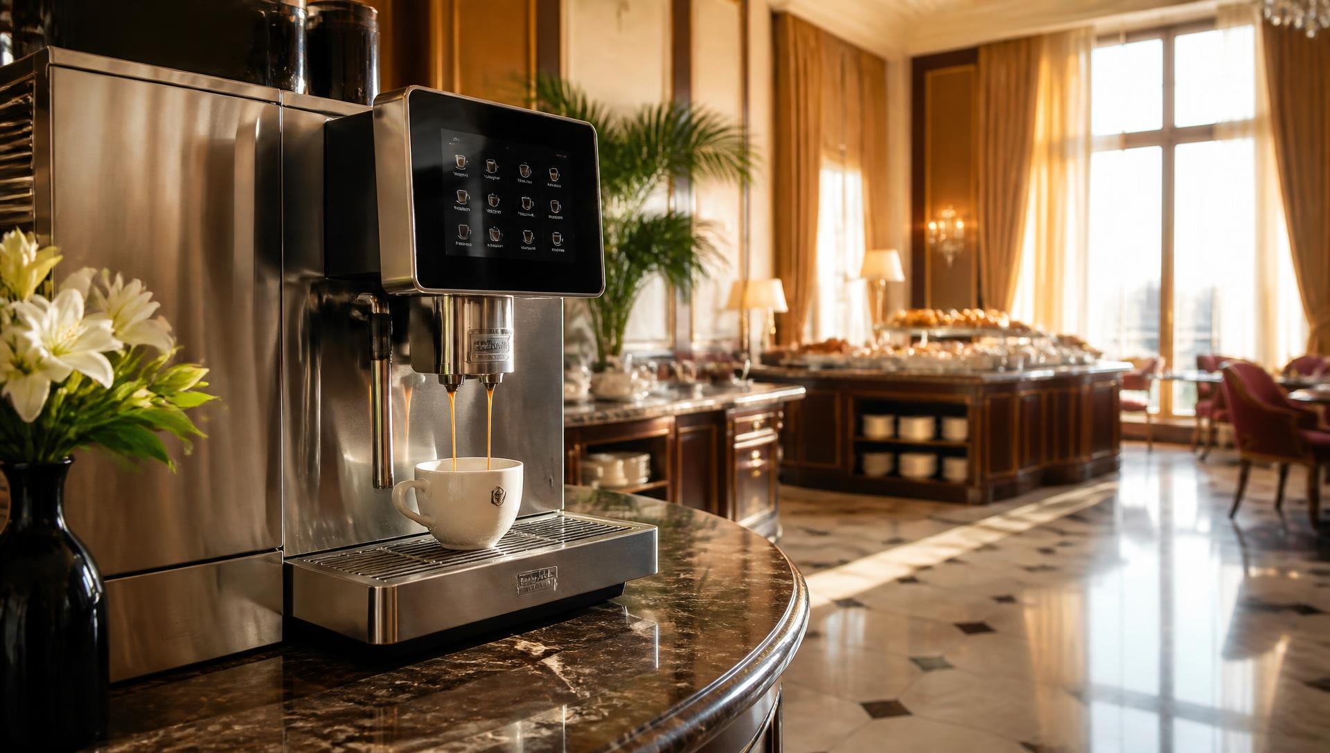 Machine à café professionnelle automatique servant un espresso dans le buffet petit-déjeuner d'un hôtel haut de gamme