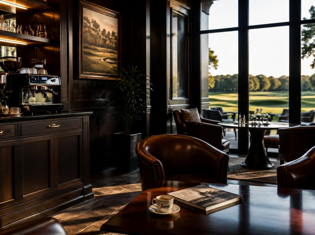 Salon d'un clubhouse de golf avec corner café